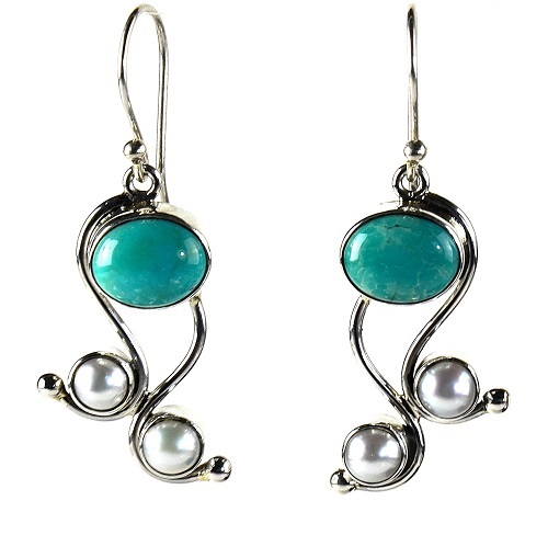 Turquoise and Two Pearl Trio Earrings